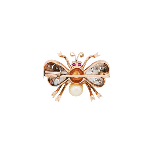 Art Deco Diamond, Ruby and Freshwater Pearl Insect Brooch in 15K Gold, c.1930's