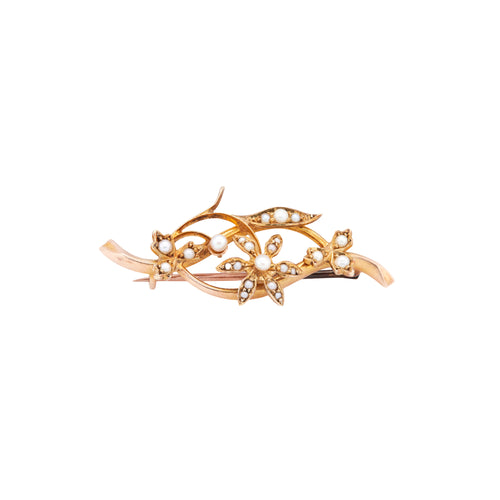 Antique Seed Pearl and 15 Carat Yellow Gold Flower Vine Brooch