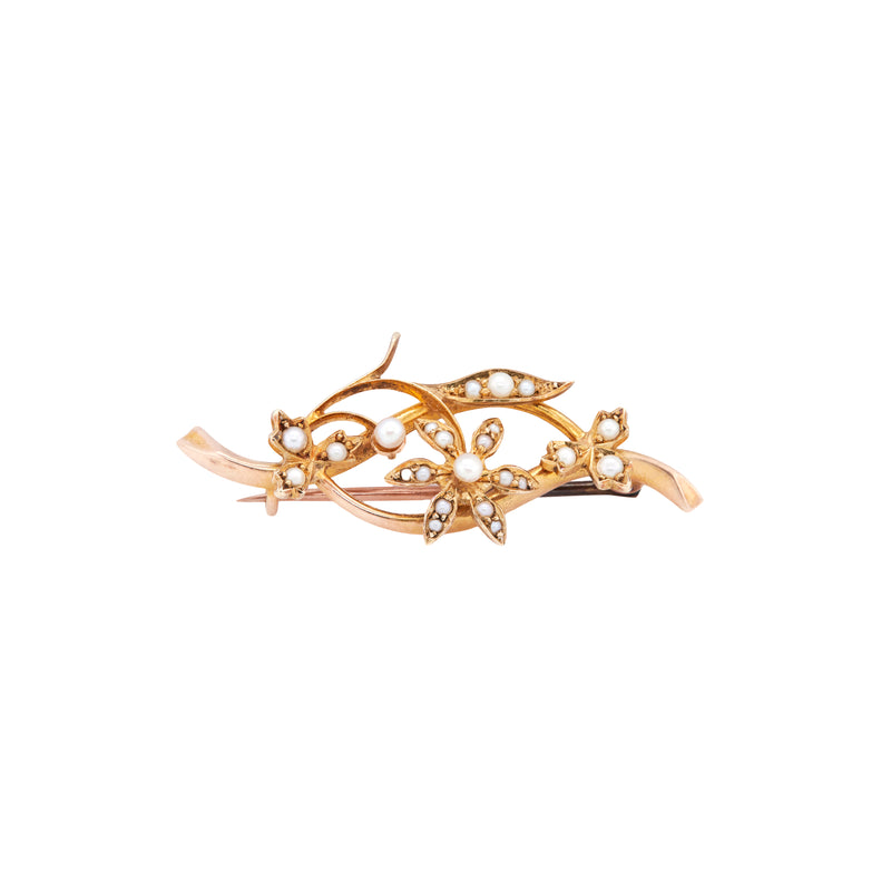 Antique Seed Pearl and 15 Carat Yellow Gold Flower Vine Brooch