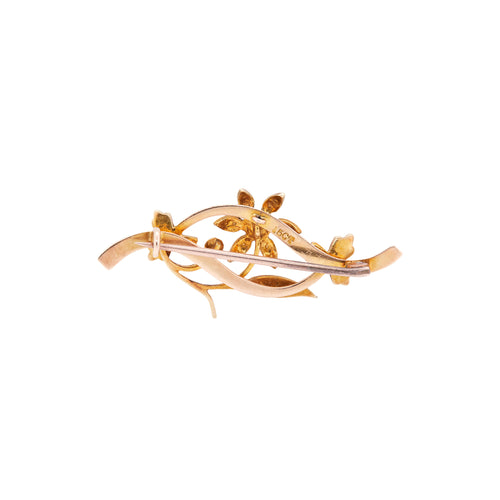 Antique Seed Pearl and 15 Carat Yellow Gold Flower Vine Brooch