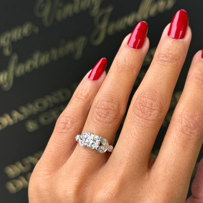 lady wearing Vintage 0.99ct Old Cut Diamond and Platinum Engagement Ring, Circa 1950s
