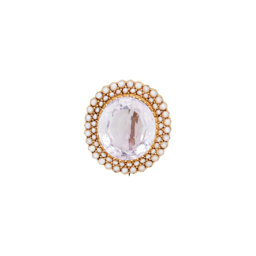 Amethyst and Seed Pearl 15 Carat Yellow Gold Oval Halo Cluster Brooch