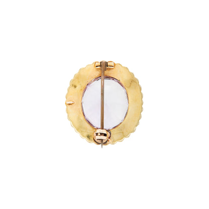 Amethyst and Seed Pearl 15 Carat Yellow Gold Oval Halo Cluster Brooch