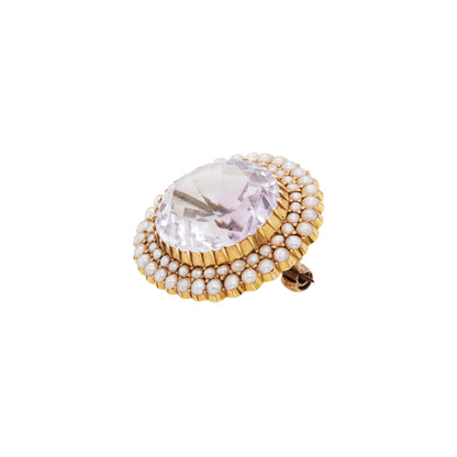 Amethyst and Seed Pearl 15 Carat Yellow Gold Oval Halo Cluster Brooch