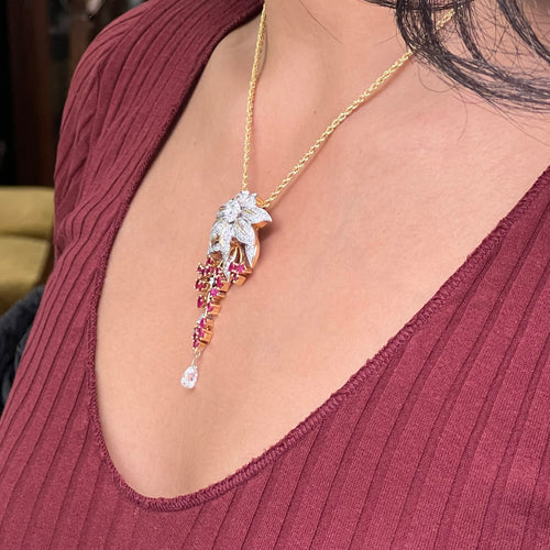 3.43ct Diamond and Ruby 18 Carat White & Yellow Gold Cascade Floral Pendant