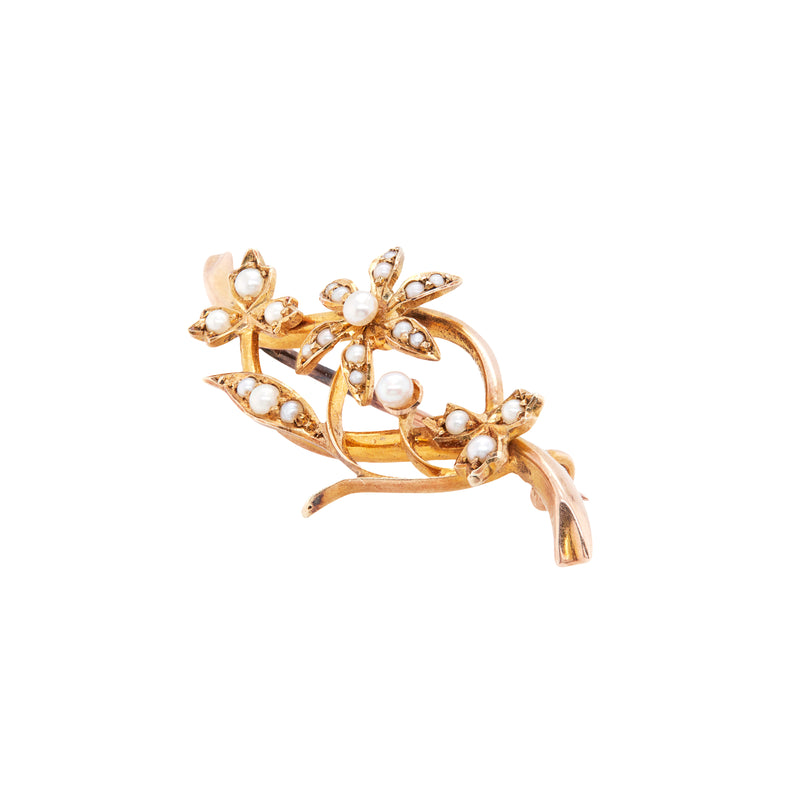 Antique Seed Pearl and 15 Carat Yellow Gold Flower Vine Brooch