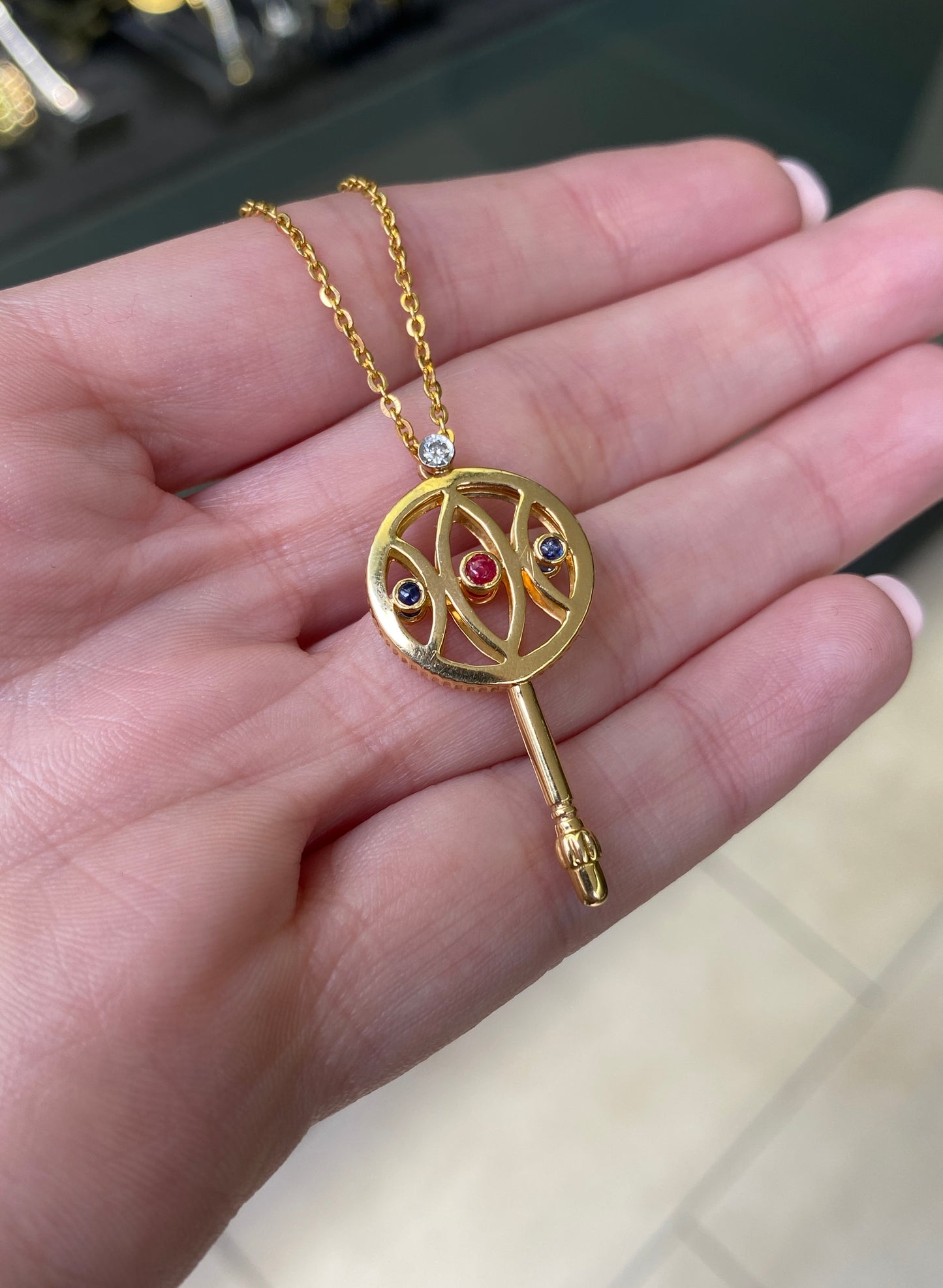 Ruby, Sapphire & Diamond Stylised Key Pendant Necklace in 18 Carat Yellow Gold