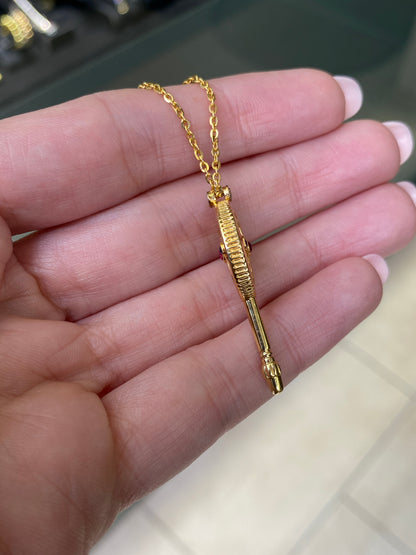 Ruby, Sapphire & Diamond Stylised Key Pendant Necklace in 18 Carat Yellow Gold