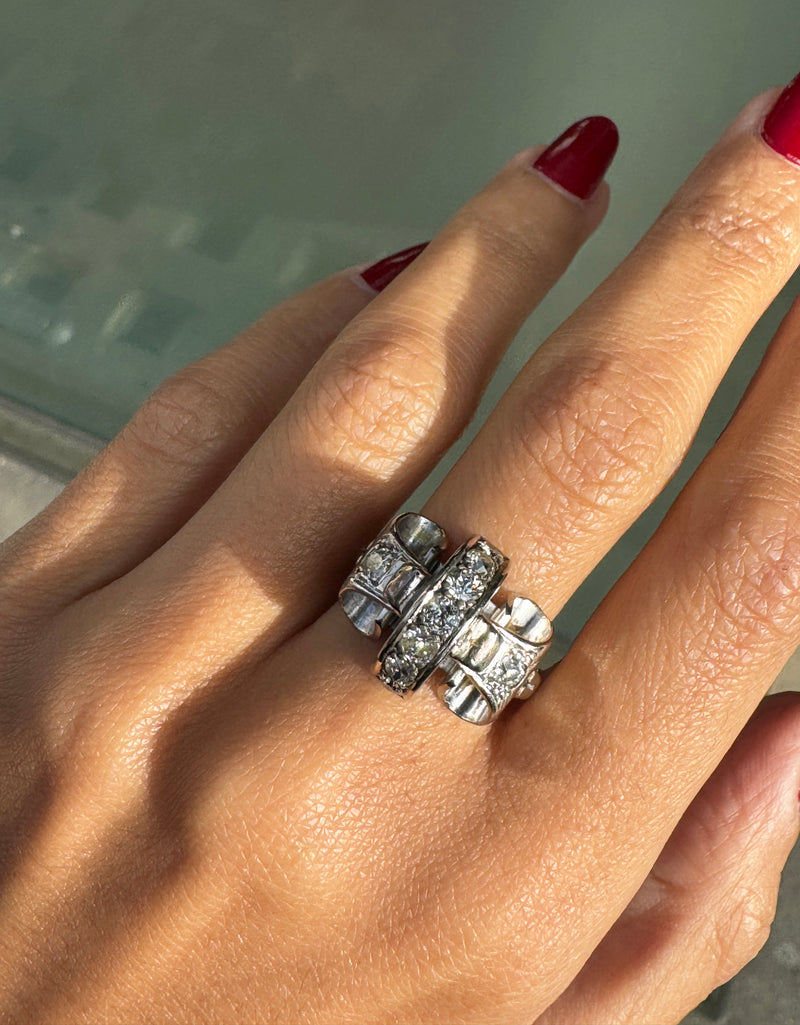 Vintage Diamond and 18ct White Gold Retro Fancy Cocktail Ring