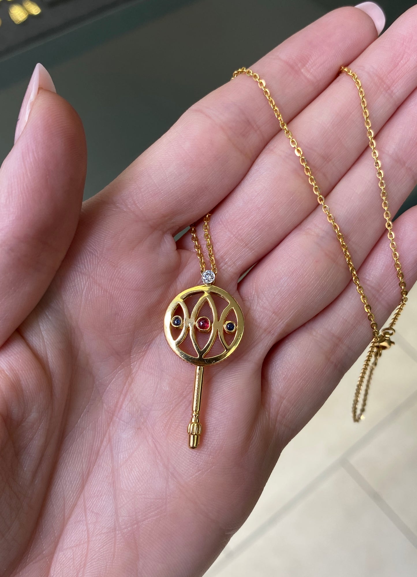 Ruby, Sapphire & Diamond Stylised Key Pendant Necklace in 18 Carat Yellow Gold