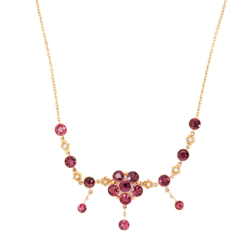 Murrle Bennett Antique Rose Garnet & Seed Pearl Bohemian 9K Yellow Gold Drop Necklace, c.1900s