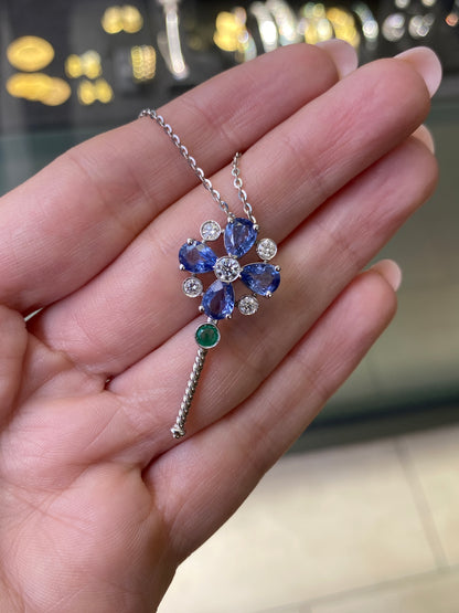 Diamond, Sapphire & Emerald Abstract Key Drop Pendant Necklace in 18K White Gold
