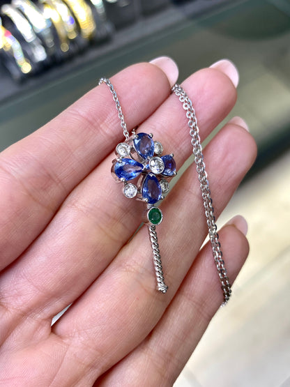 Diamond, Sapphire & Emerald Abstract Key Drop Pendant Necklace in 18K White Gold