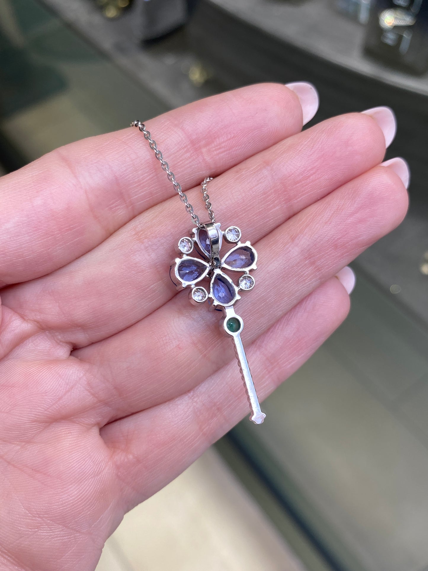 Diamond, Sapphire & Emerald Abstract Key Drop Pendant Necklace in 18K White Gold