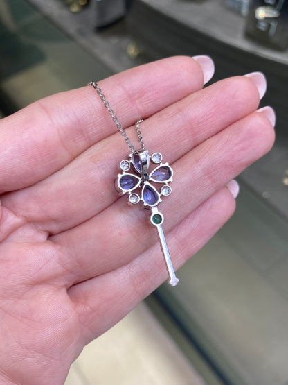 Diamond, Sapphire & Emerald Abstract Key Drop Pendant Necklace in 18K White Gold