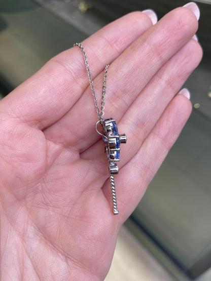 Diamond, Sapphire & Emerald Abstract Key Drop Pendant Necklace in 18K White Gold