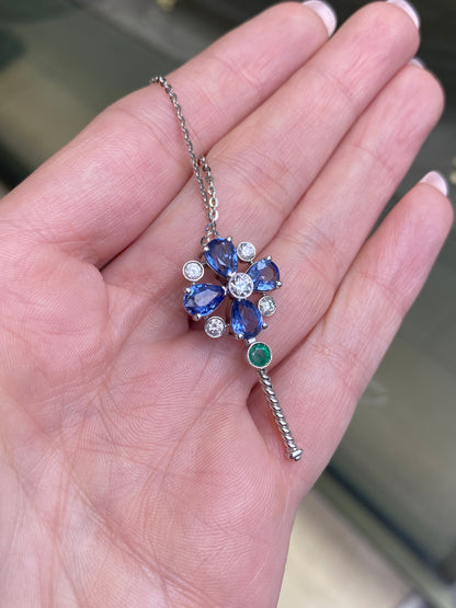 Diamond, Sapphire & Emerald Abstract Key Drop Pendant Necklace in 18K White Gold