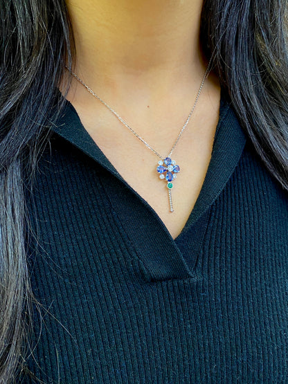 Diamond, Sapphire & Emerald Abstract Key Drop Pendant Necklace in 18K White Gold