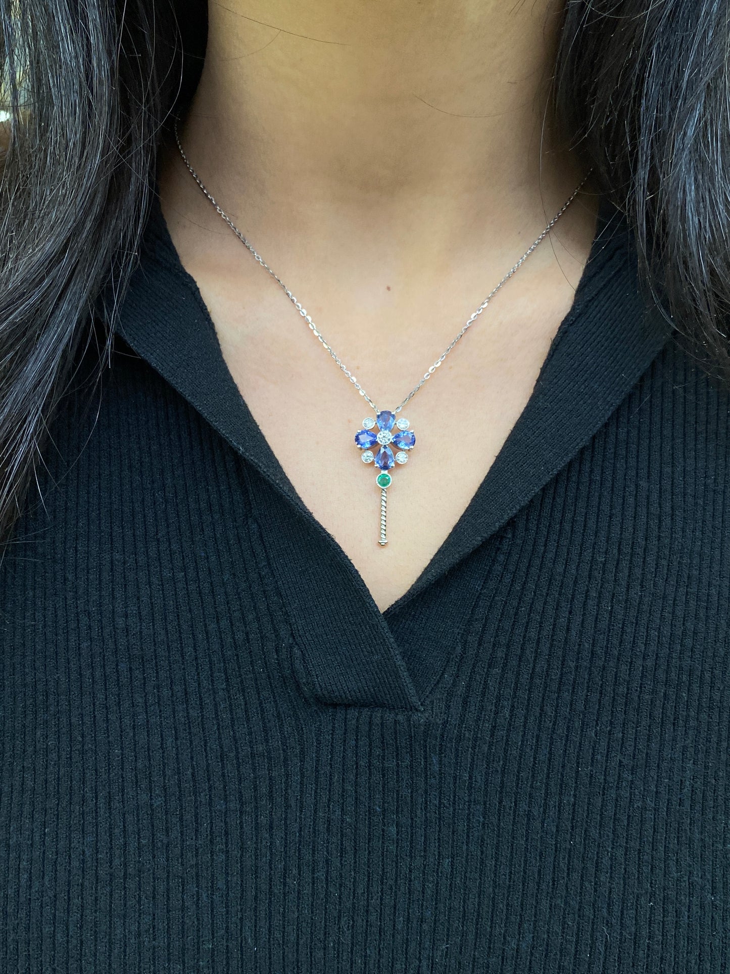 Diamond, Sapphire & Emerald Abstract Key Drop Pendant Necklace in 18K White Gold