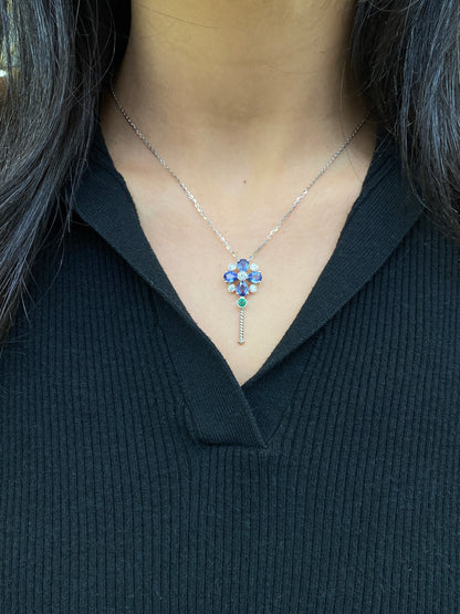 Diamond, Sapphire & Emerald Abstract Key Drop Pendant Necklace in 18K White Gold