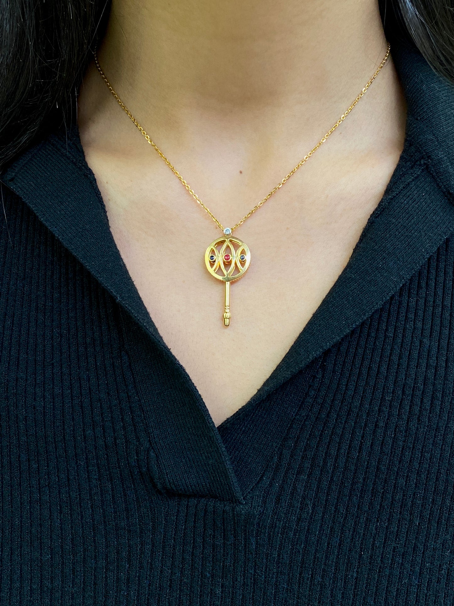 Ruby, Sapphire & Diamond Stylised Key Pendant Necklace in 18 Carat Yellow Gold