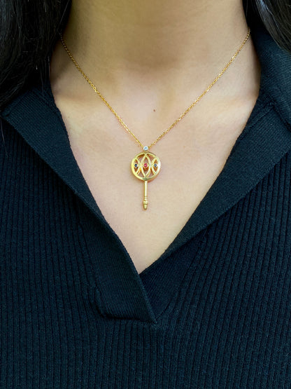 Ruby, Sapphire & Diamond Stylised Key Pendant Necklace in 18 Carat Yellow Gold