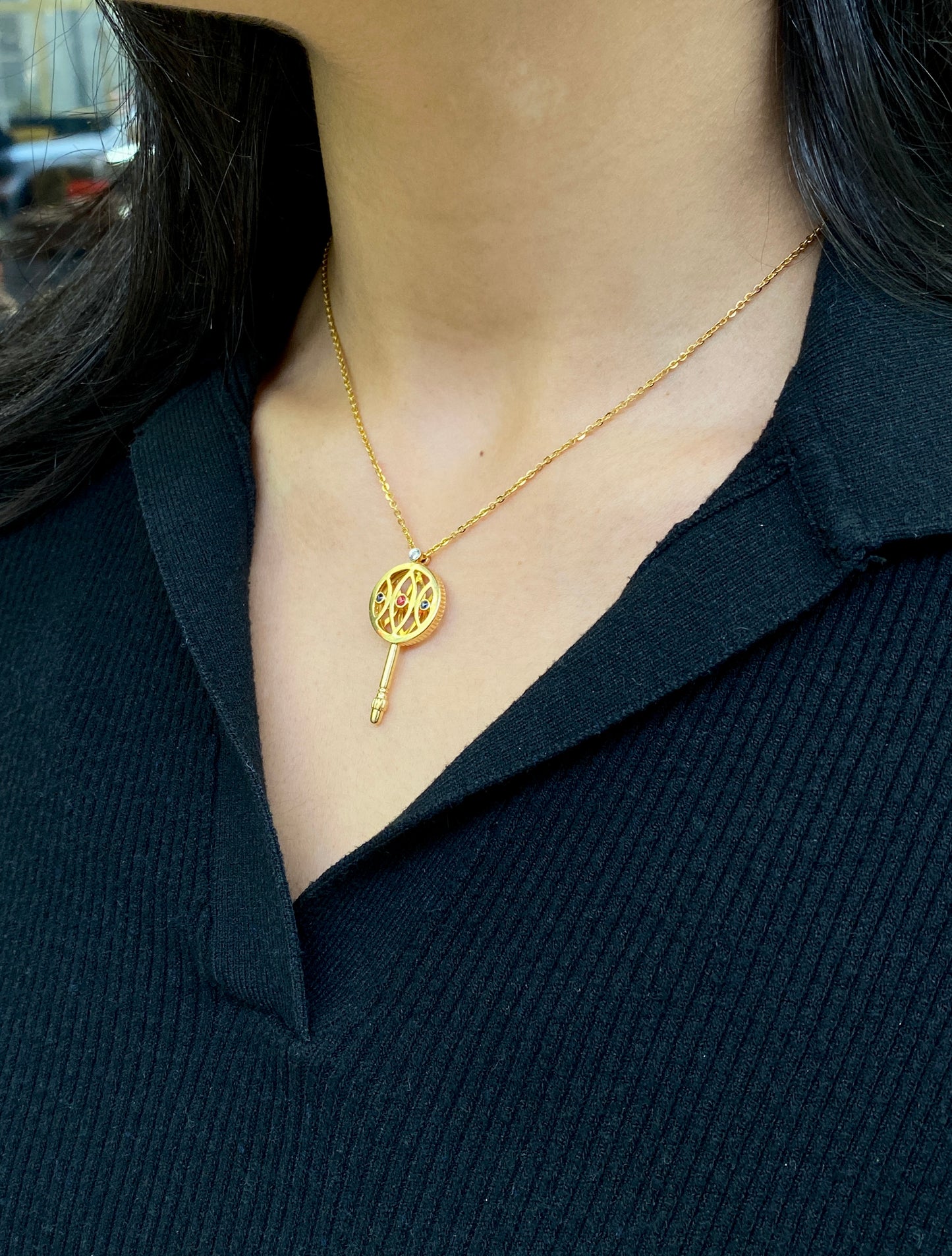 Ruby, Sapphire & Diamond Stylised Key Pendant Necklace in 18 Carat Yellow Gold