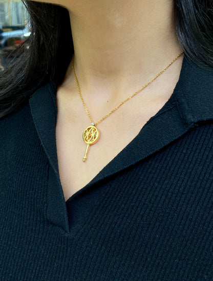 Ruby, Sapphire & Diamond Stylised Key Pendant Necklace in 18 Carat Yellow Gold