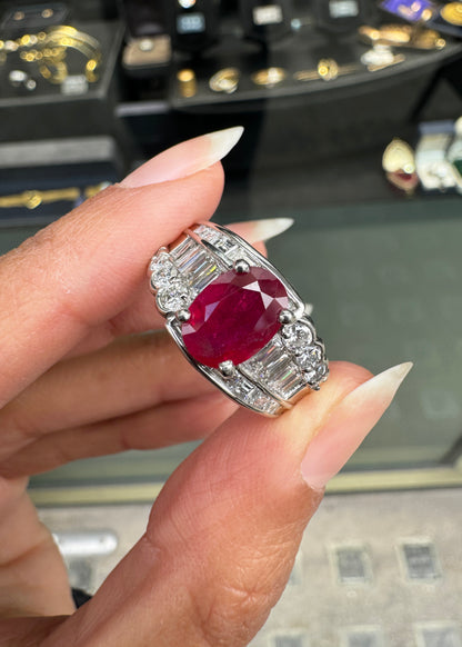 2.32ct Oval Ruby and Diamond Platinum Dress Ring with Reversed Diamond Shoulders