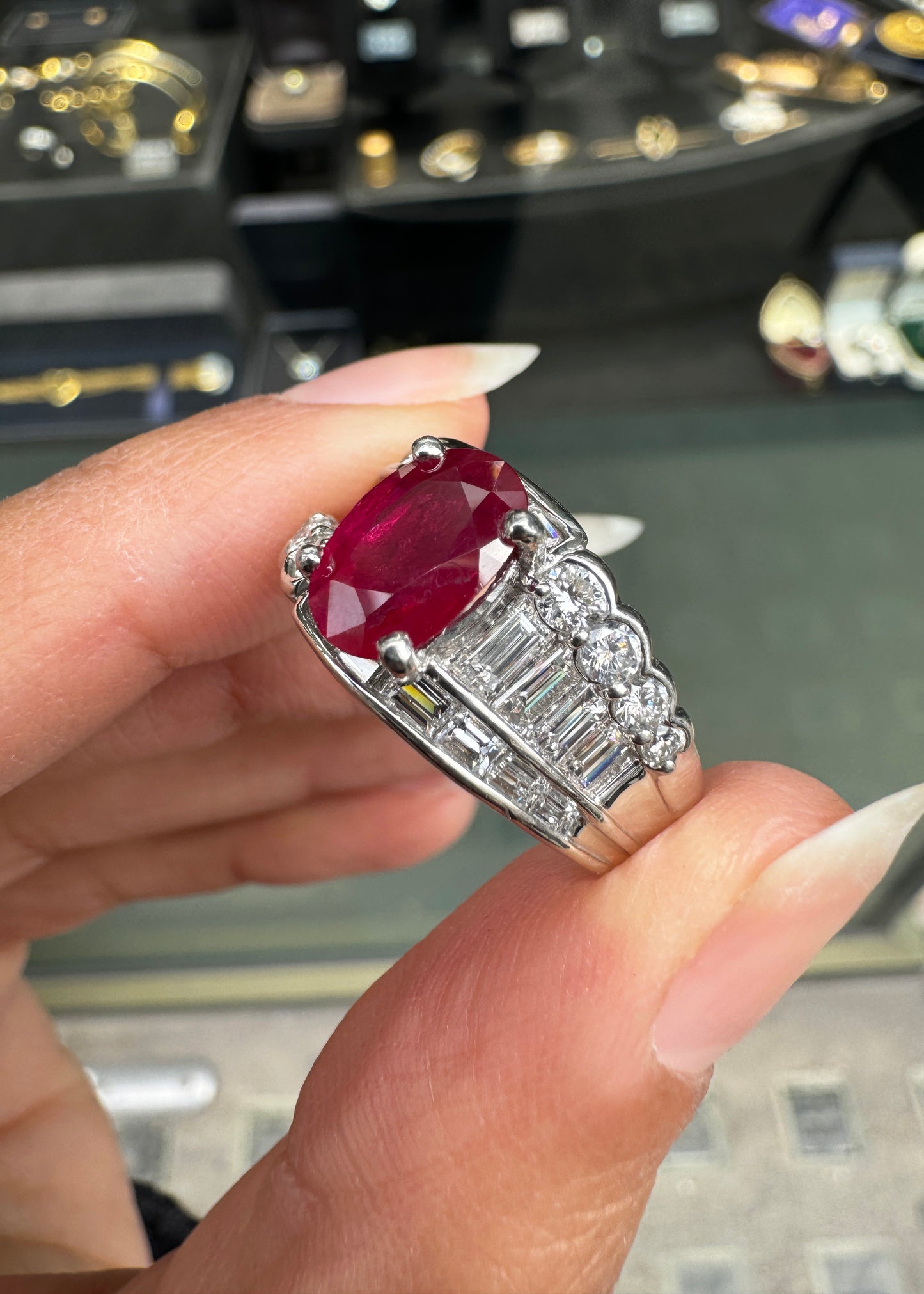 2.32ct Oval Ruby and Diamond Platinum Dress Ring with Reversed Diamond Shoulders