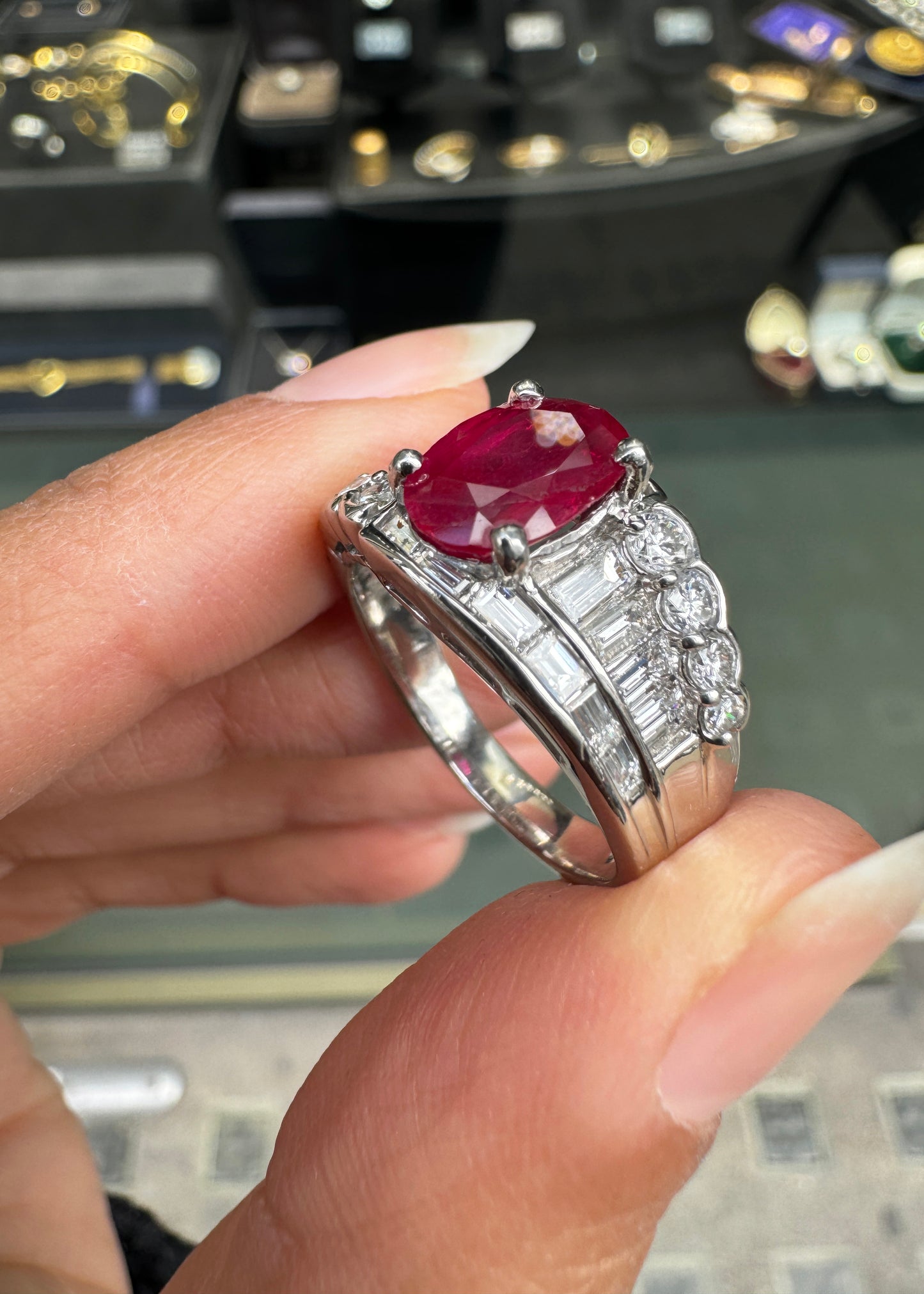 2.32ct Oval Ruby and Diamond Platinum Dress Ring with Reversed Diamond Shoulders