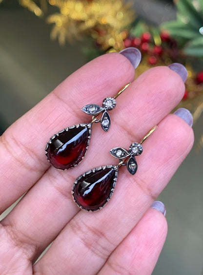 Pear Cabochon Garnet and Diamond Silver on 18 Carat Gold Drop Earrings