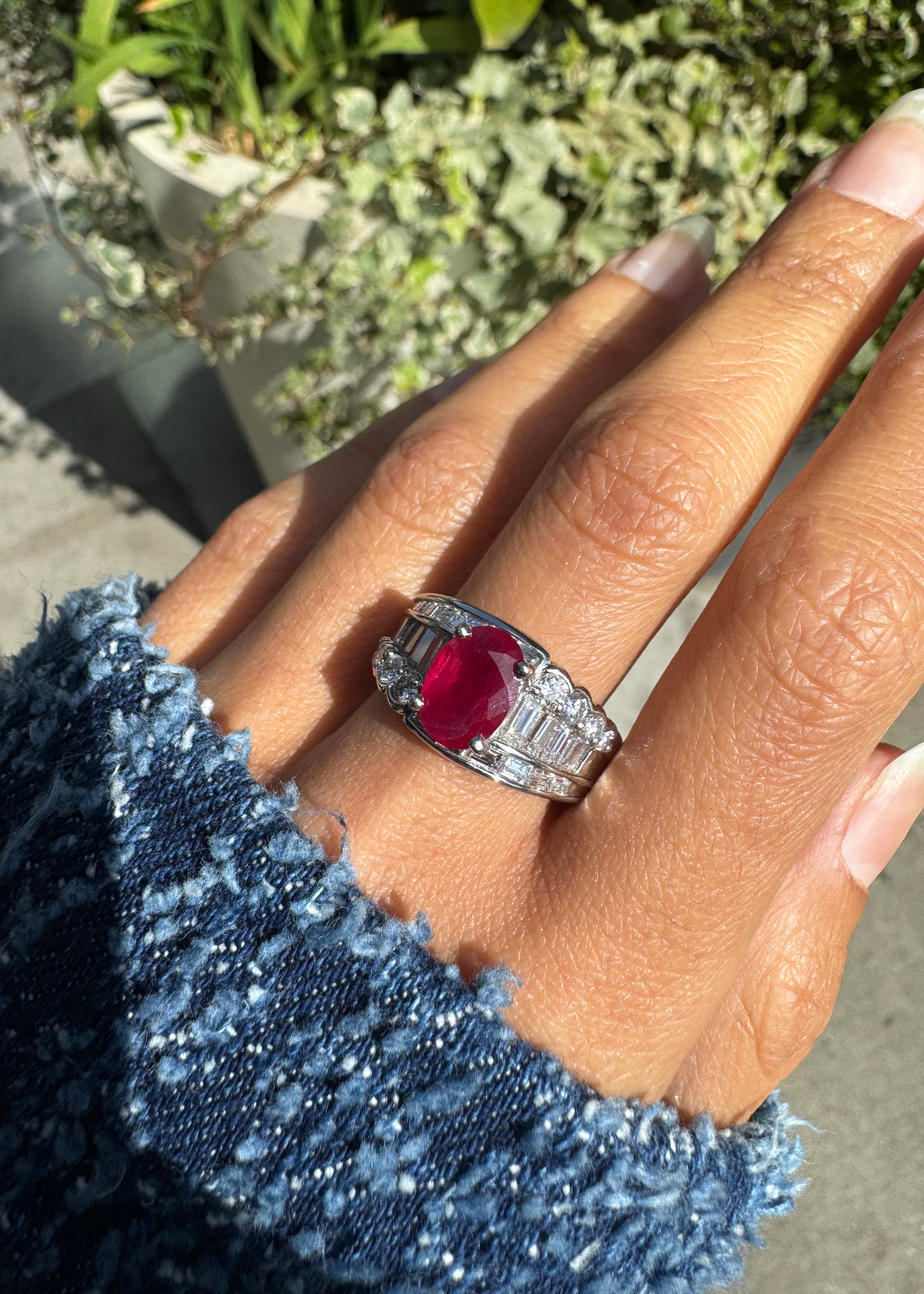 2.32ct Oval Ruby and Diamond Platinum Dress Ring with Reversed Diamond Shoulders