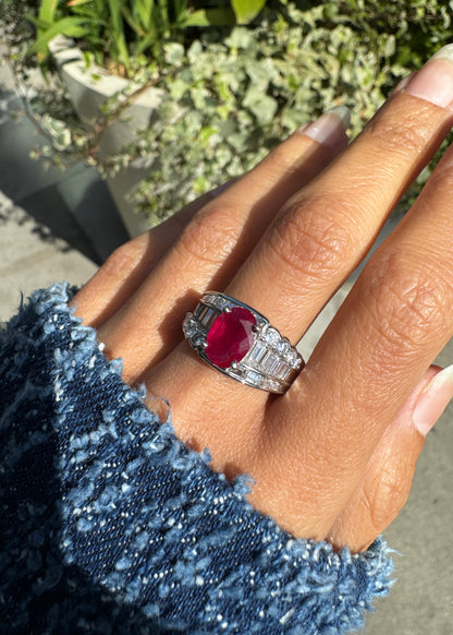 2.32ct Oval Ruby and Diamond Platinum Dress Ring with Reversed Diamond Shoulders