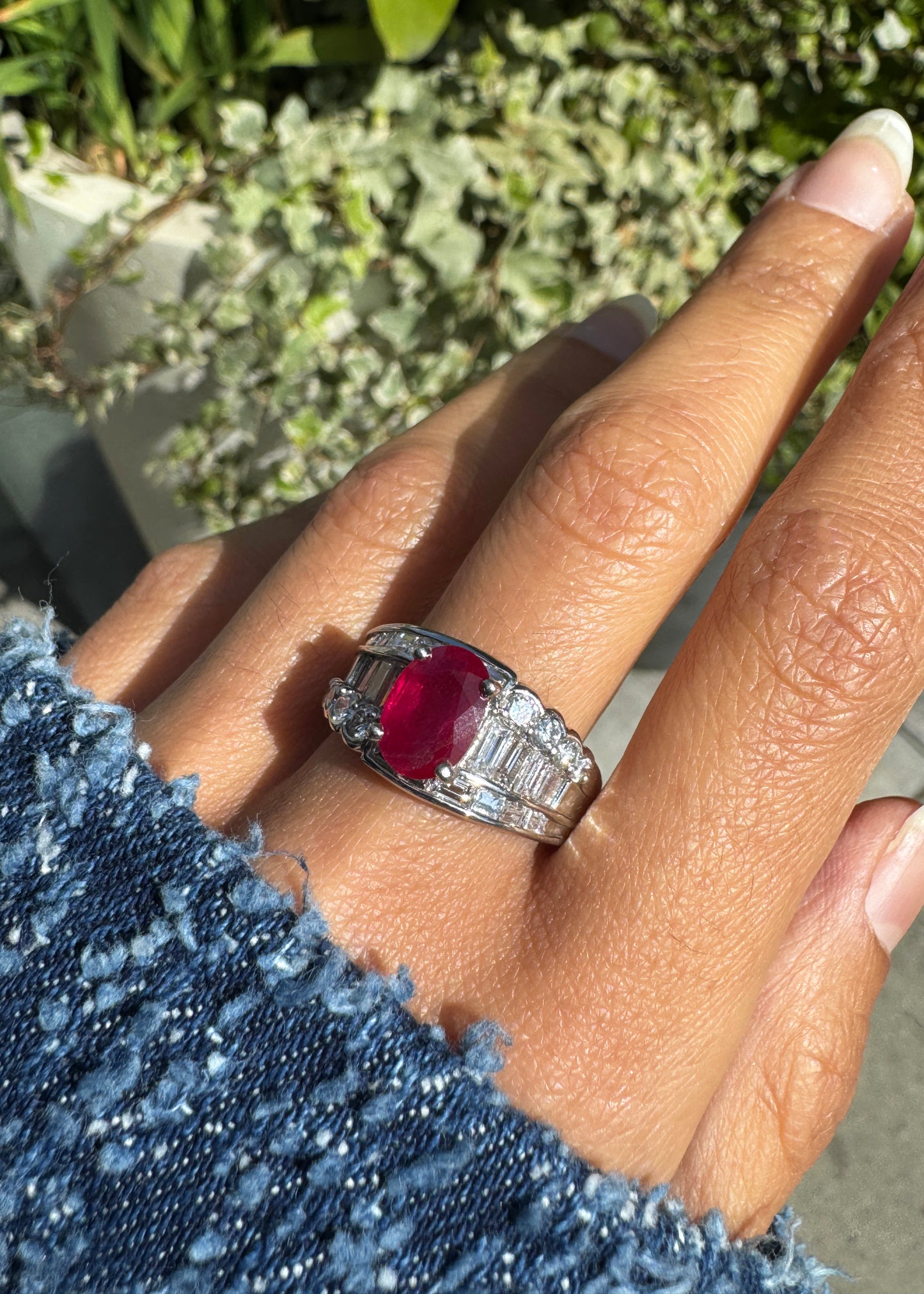 2.32ct Oval Ruby and Diamond Platinum Dress Ring with Reversed Diamond Shoulders