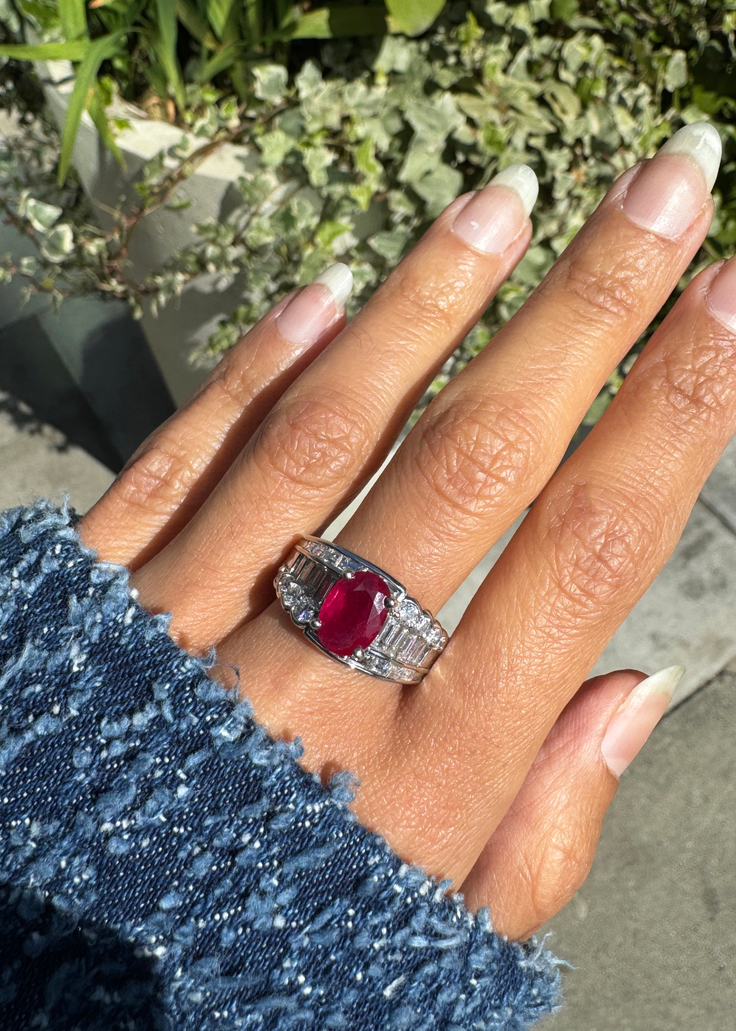 2.32ct Oval Ruby and Diamond Platinum Dress Ring with Reversed Diamond Shoulders