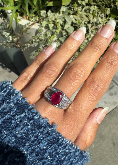 2.32ct Oval Ruby and Diamond Platinum Dress Ring with Reversed Diamond Shoulders