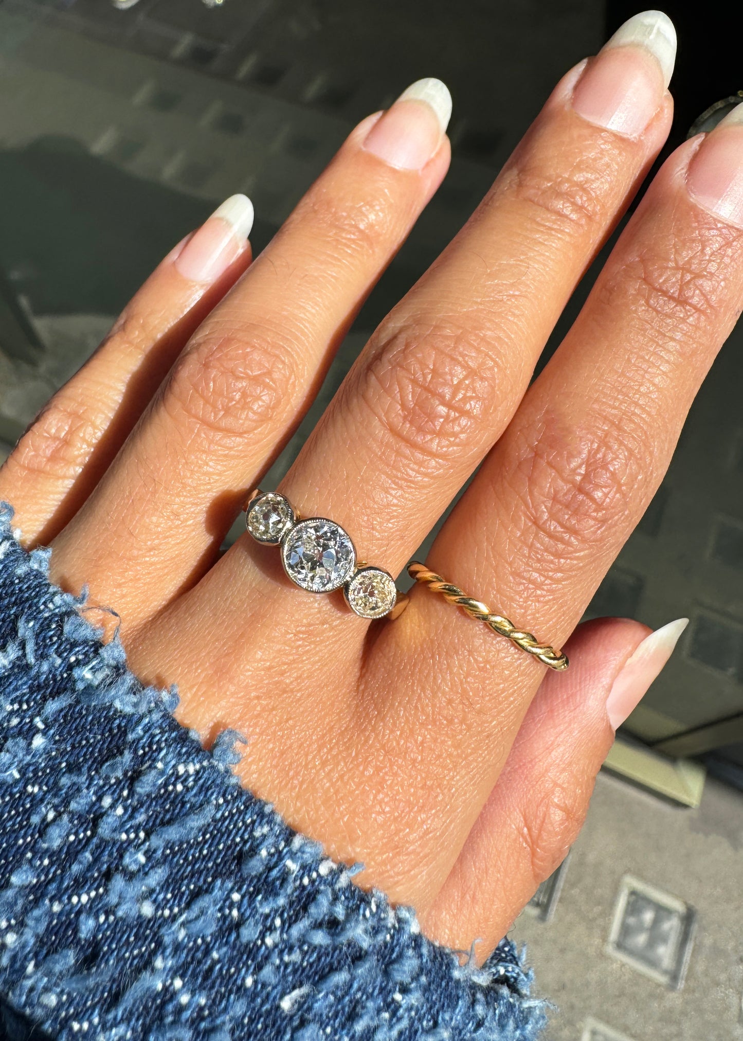 Old Cut Diamond Three-Stone Engagement Ring in 18K Gold and Platinum, c.1880s