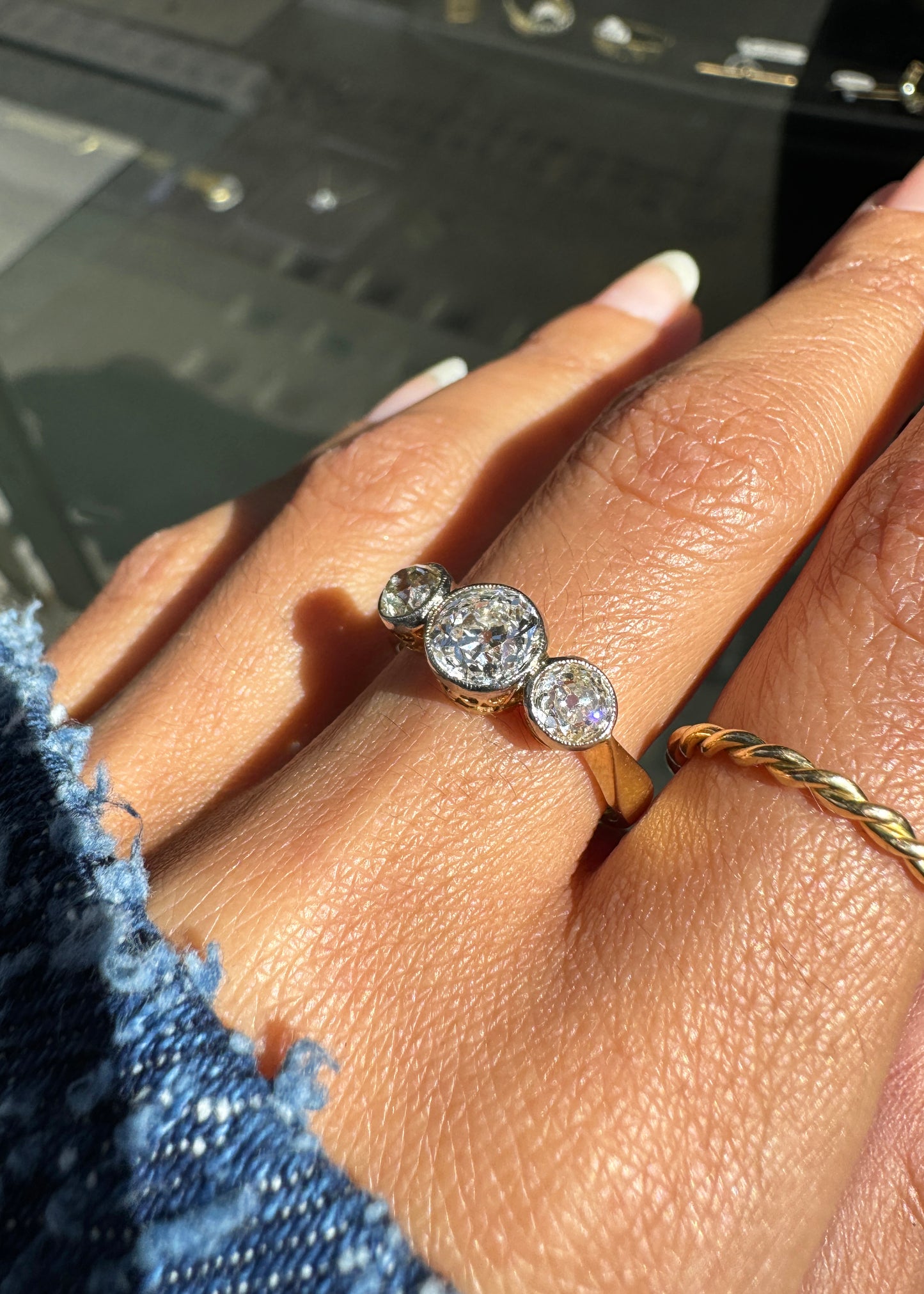 Old Cut Diamond Three-Stone Engagement Ring in 18K Gold and Platinum, c.1880s