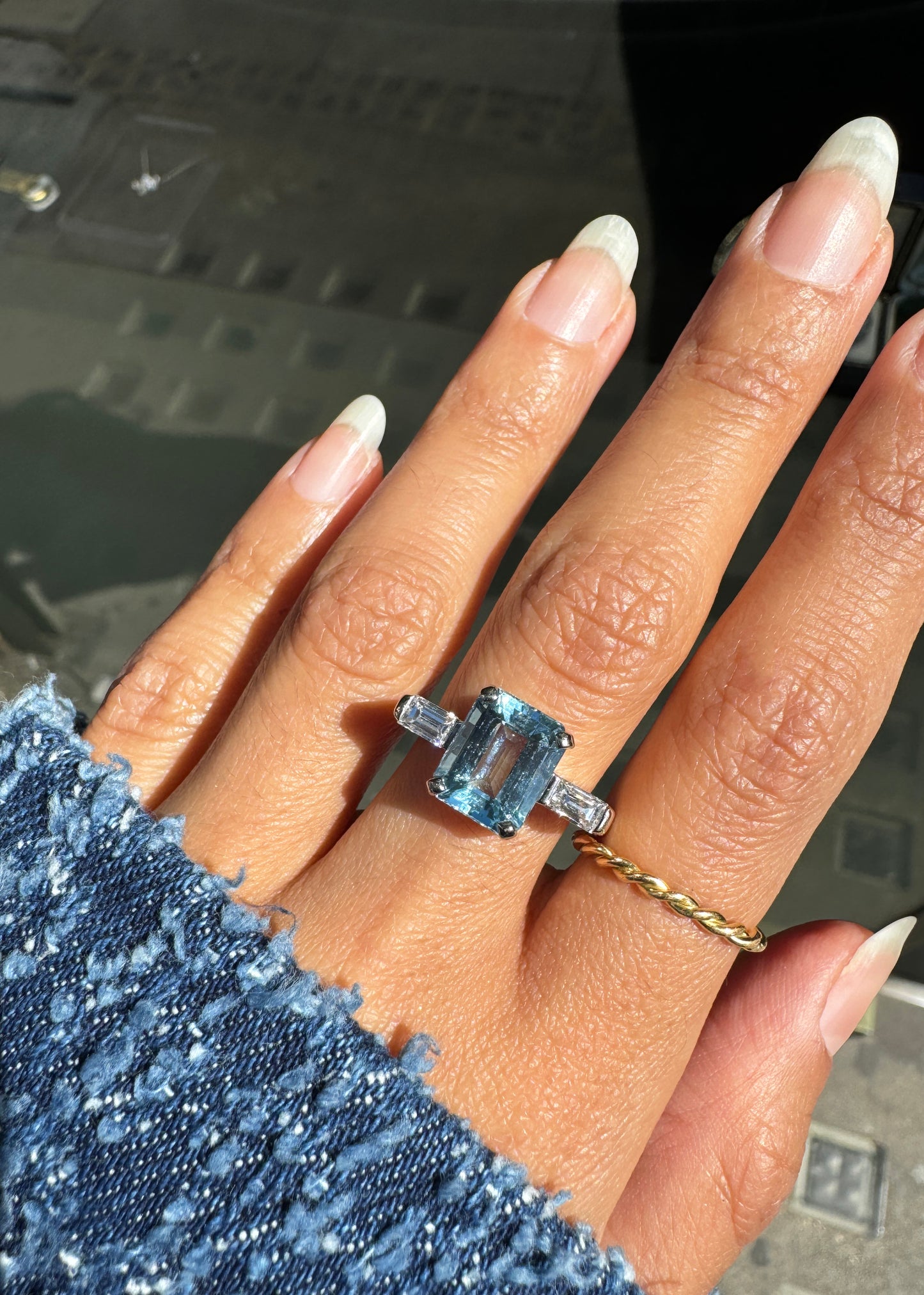 Aquamarine and Diamond 18 Carat White Gold Art Deco Style Three-Stone Dress Ring