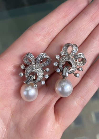 Pearl and Diamond Cluster 18K White Gold Day & Night Bow Dangle Clip-On Earrings