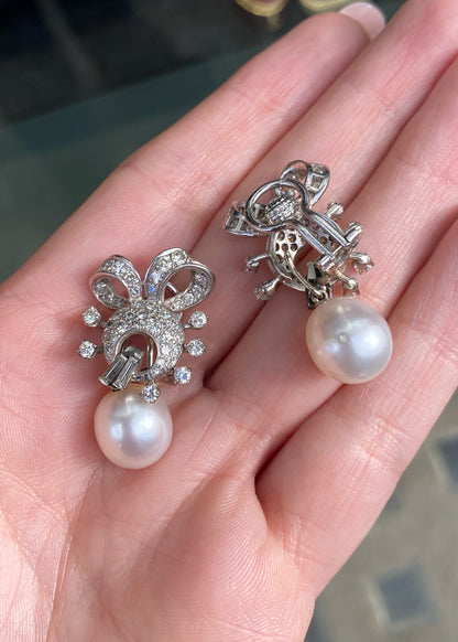 Pearl and Diamond Cluster 18K White Gold Day & Night Bow Dangle Clip-On Earrings