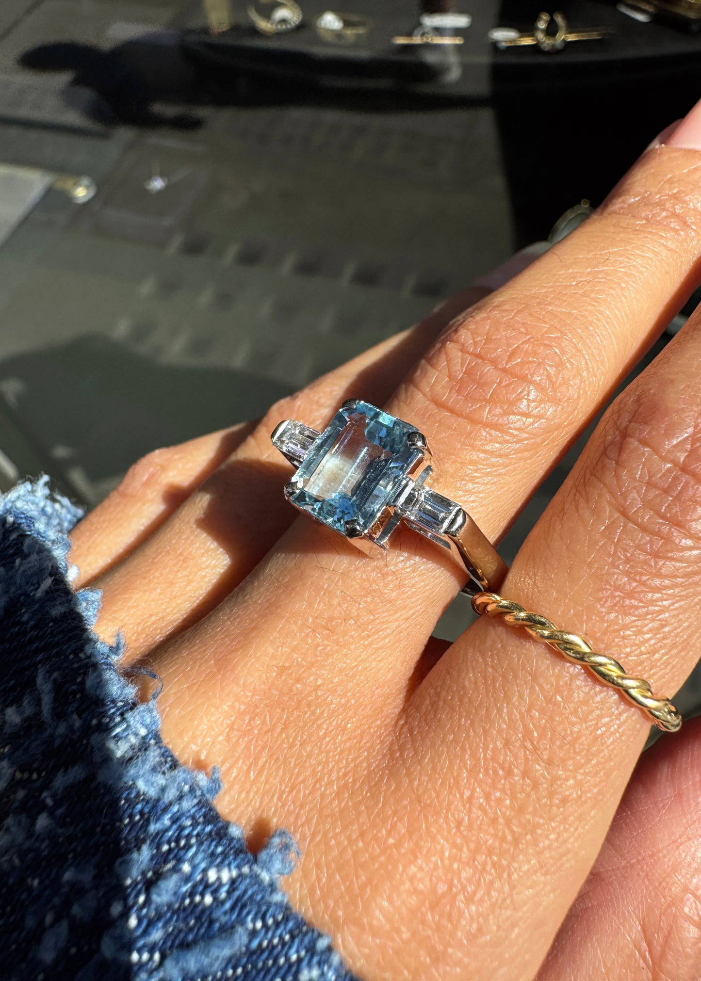 Aquamarine and Diamond 18 Carat White Gold Art Deco Style Three-Stone Dress Ring