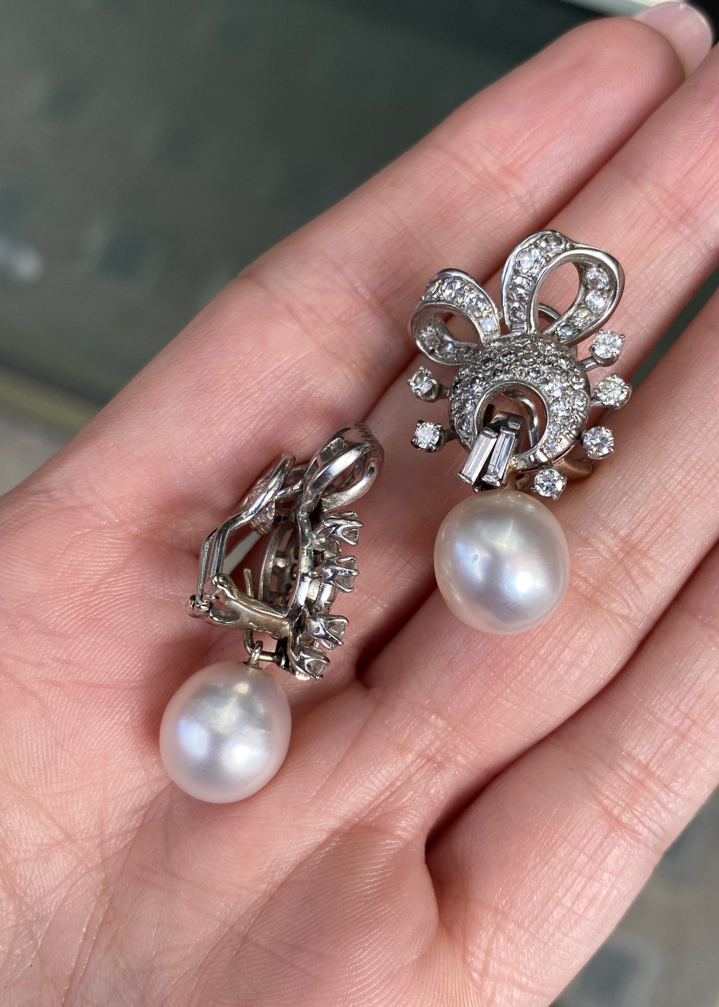 Pearl and Diamond Cluster 18K White Gold Day & Night Bow Dangle Clip-On Earrings