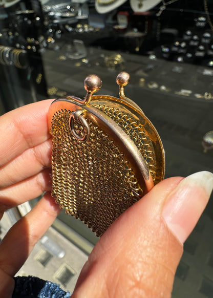 Antique 9 Carat Yellow Gold Miniature Mesh Coin Purse/ Pendant, circa 1910s