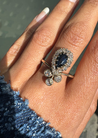 Pear Sapphire & Diamond Halo 18 Carat Yellow Gold Coronet Cluster Ring, c.1890s