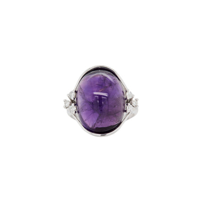 Oval Cabochon Amethyst and Diamond 18 Carat White Gold Dress Ring