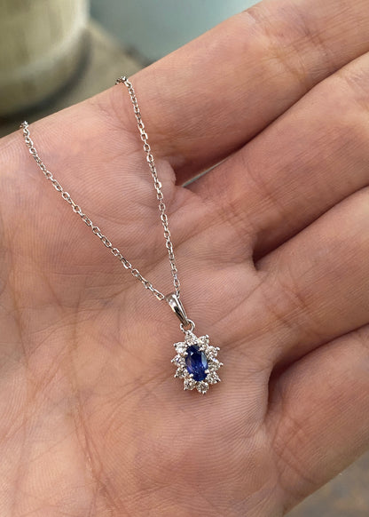 Oval Blue Sapphire and Diamond 18 Carat White Gold Necklace