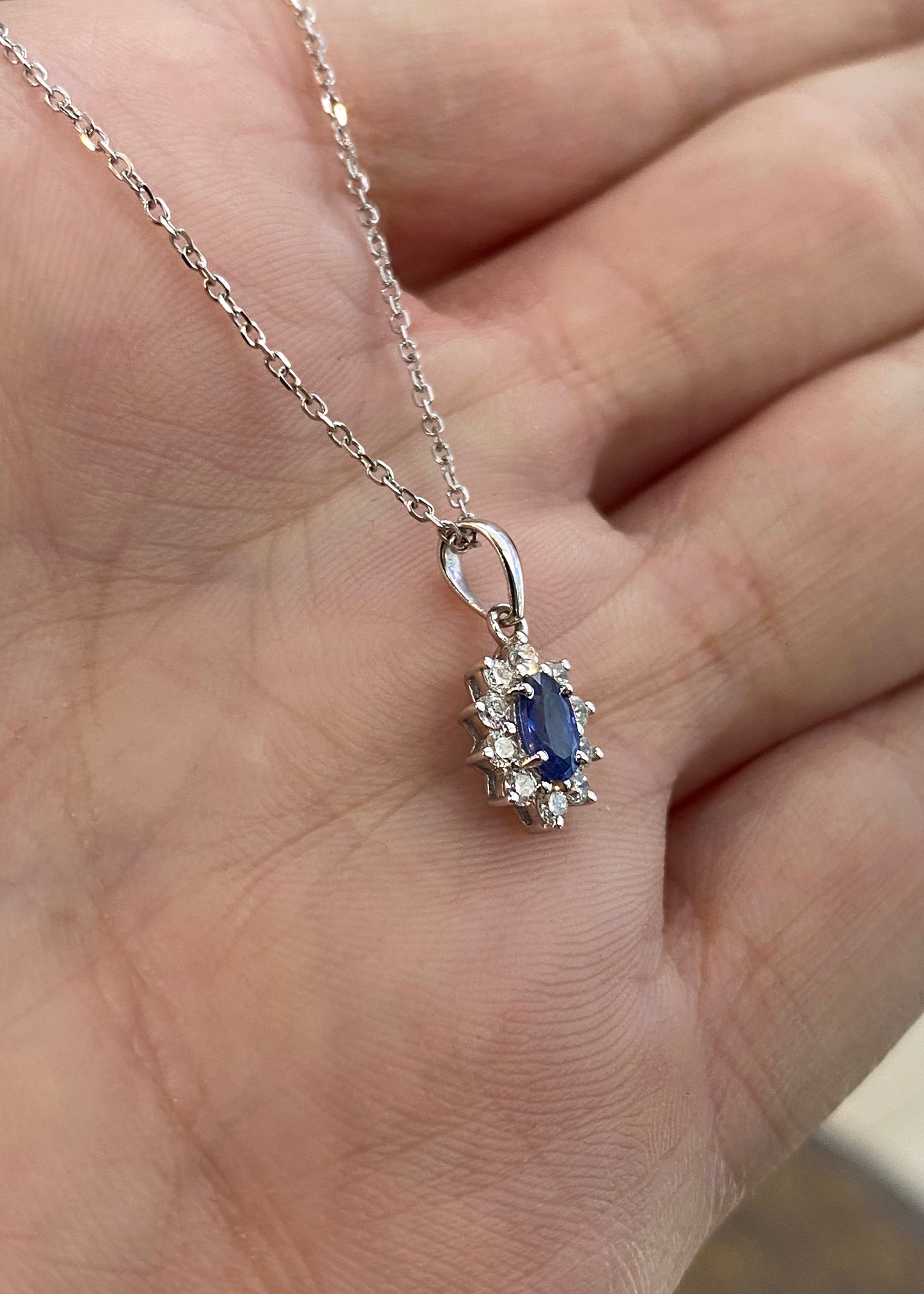 Oval Blue Sapphire and Diamond 18 Carat White Gold Necklace