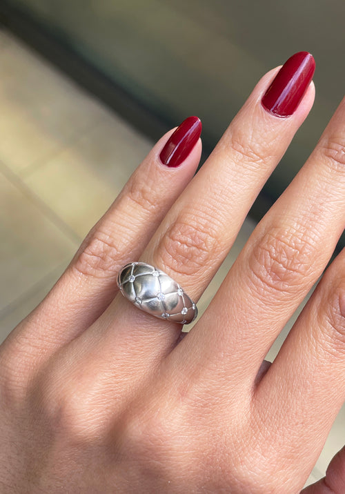 Fabergé 'Treillage' Brushed 18K White Gold and Diamond Quilted Dome Ring